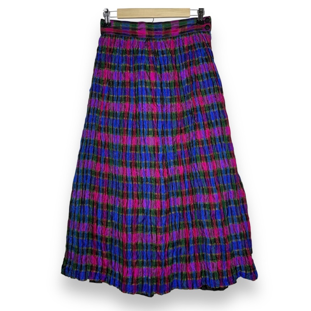 VTG Susan Britstol 100% SILK 8 Tartan Plaid Pleated Skirt Blue Green Pink Preppy